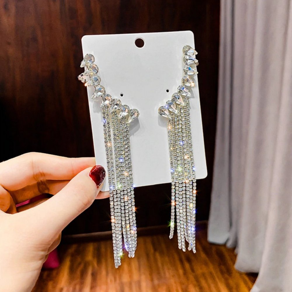 Long Tassel Rhinestone Drop Earrings - Picture 2 of 15